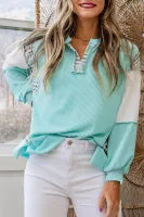 Aruba Blue Corded Texture Plaid Split Neck Long Sleeve Top