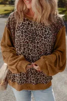 Brown Leopard Ribbed Patchwork Oversized Pullover