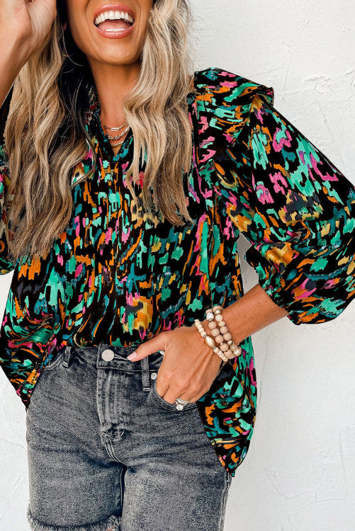 Annie Multicolor Abstract Print 3/4 Length Puff Sleeve Ruffle Blouse