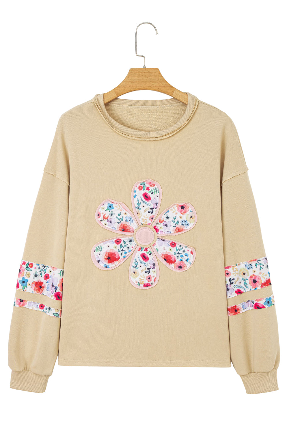 Wisteria Flower Applique Patchwork Drop Sleeve Pullover Sweatshirt