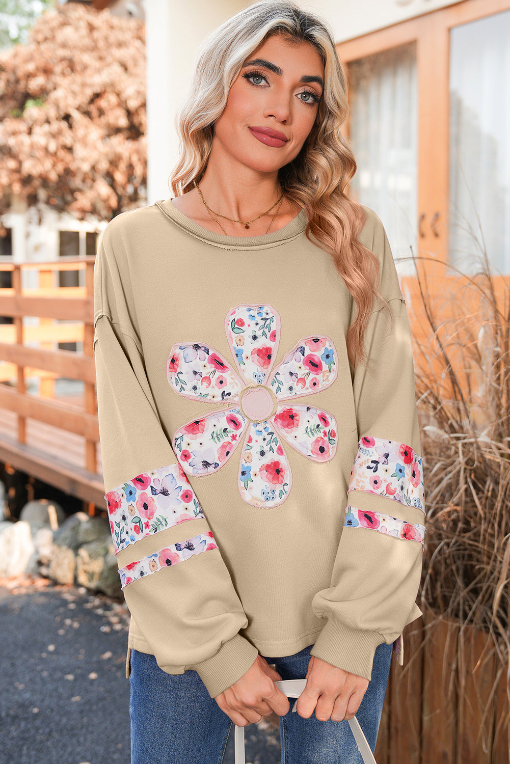 Wisteria Flower Applique Patchwork Drop Sleeve Pullover Sweatshirt