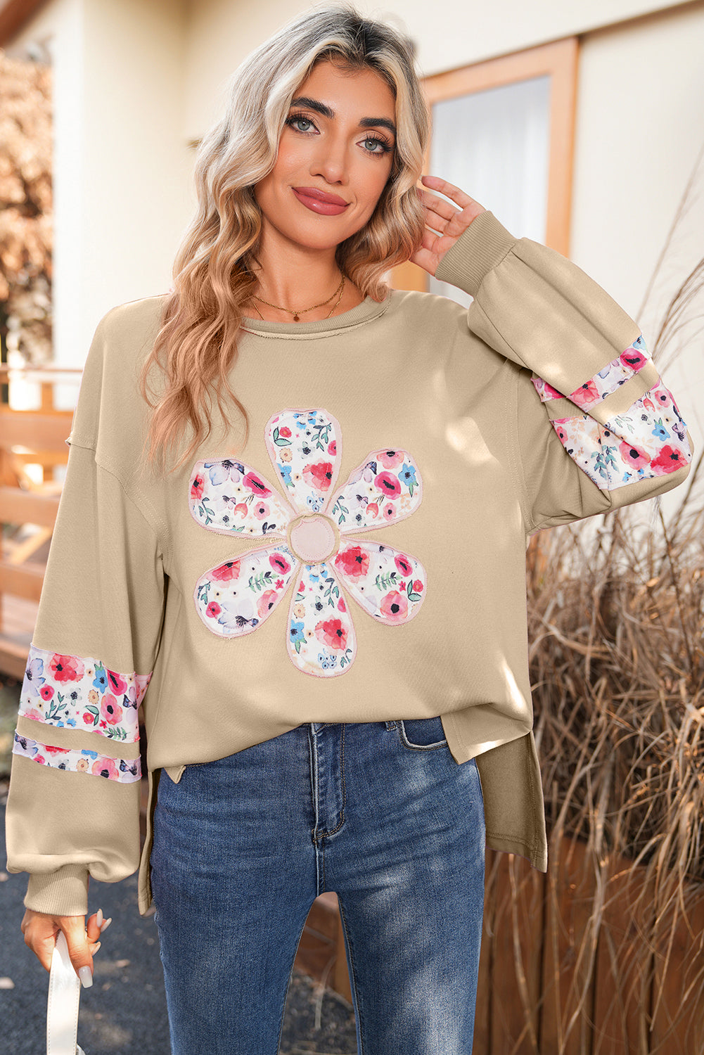Wisteria Flower Applique Patchwork Drop Sleeve Pullover Sweatshirt