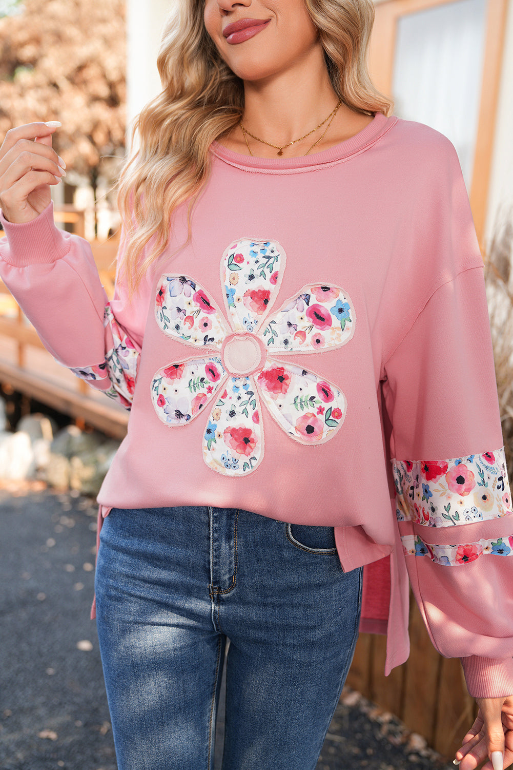 Wisteria Flower Applique Patchwork Drop Sleeve Pullover Sweatshirt
