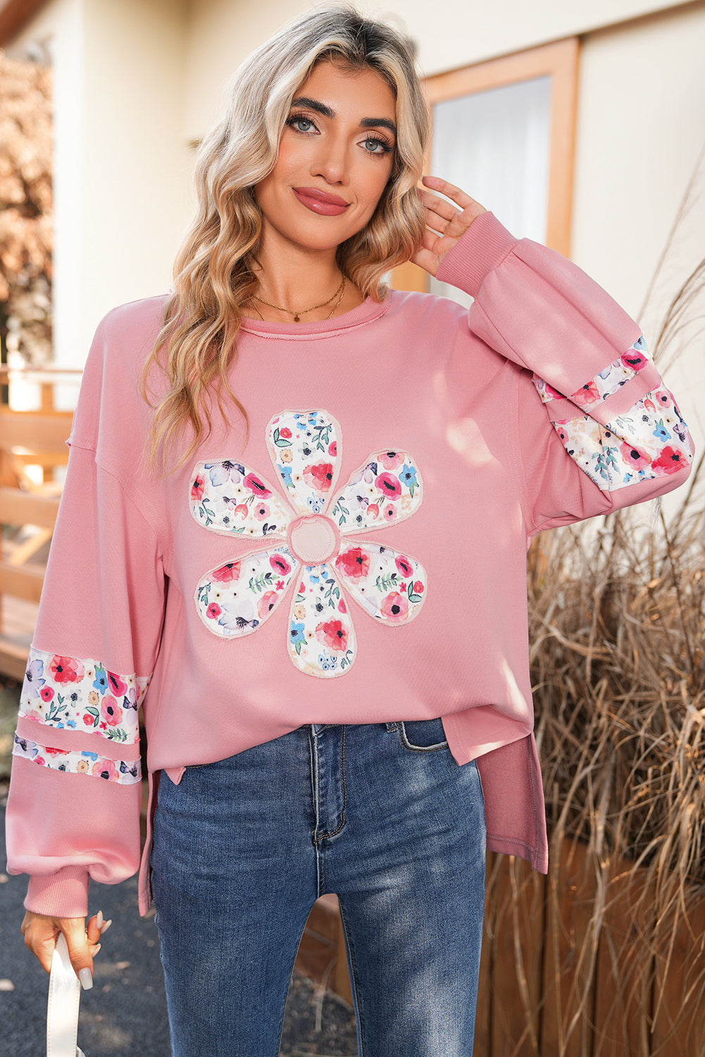 Wisteria Flower Applique Patchwork Drop Sleeve Pullover Sweatshirt