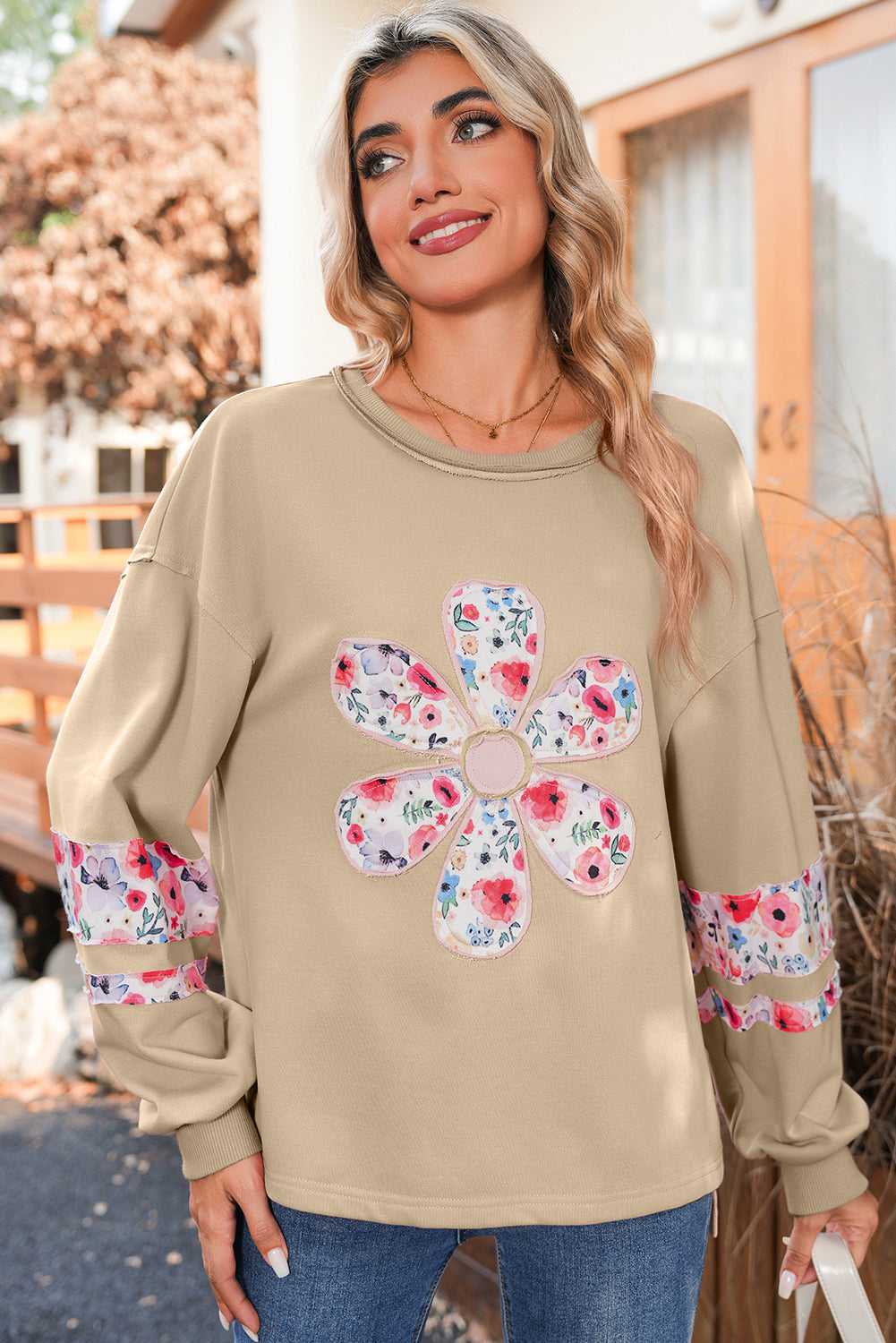 Wisteria Flower Applique Patchwork Drop Sleeve Pullover Sweatshirt