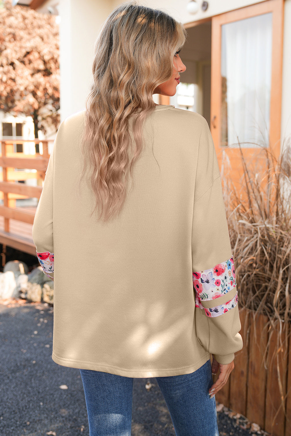 Wisteria Flower Applique Patchwork Drop Sleeve Pullover Sweatshirt