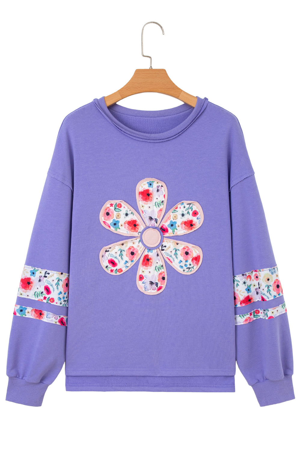 Wisteria Flower Applique Patchwork Drop Sleeve Pullover Sweatshirt