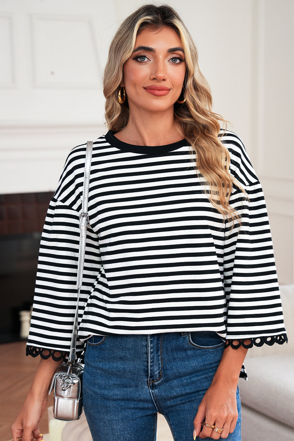 Racing Red Striped Round Neck Contrast Trim Bell Sleeve Top