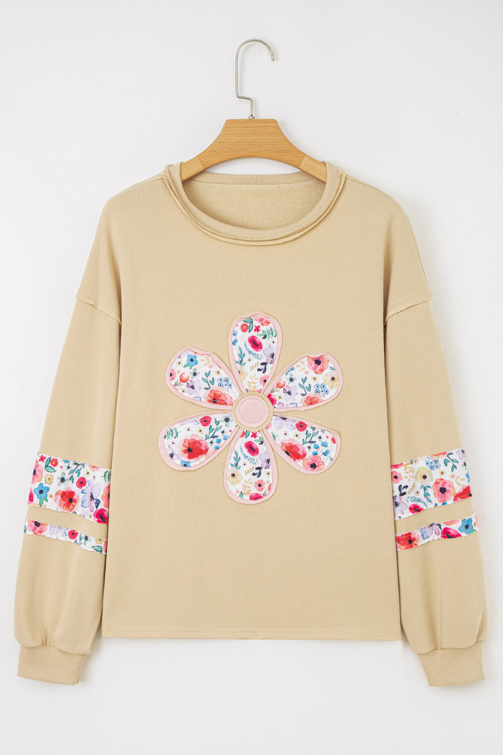 Wisteria Flower Applique Patchwork Drop Sleeve Pullover Sweatshirt