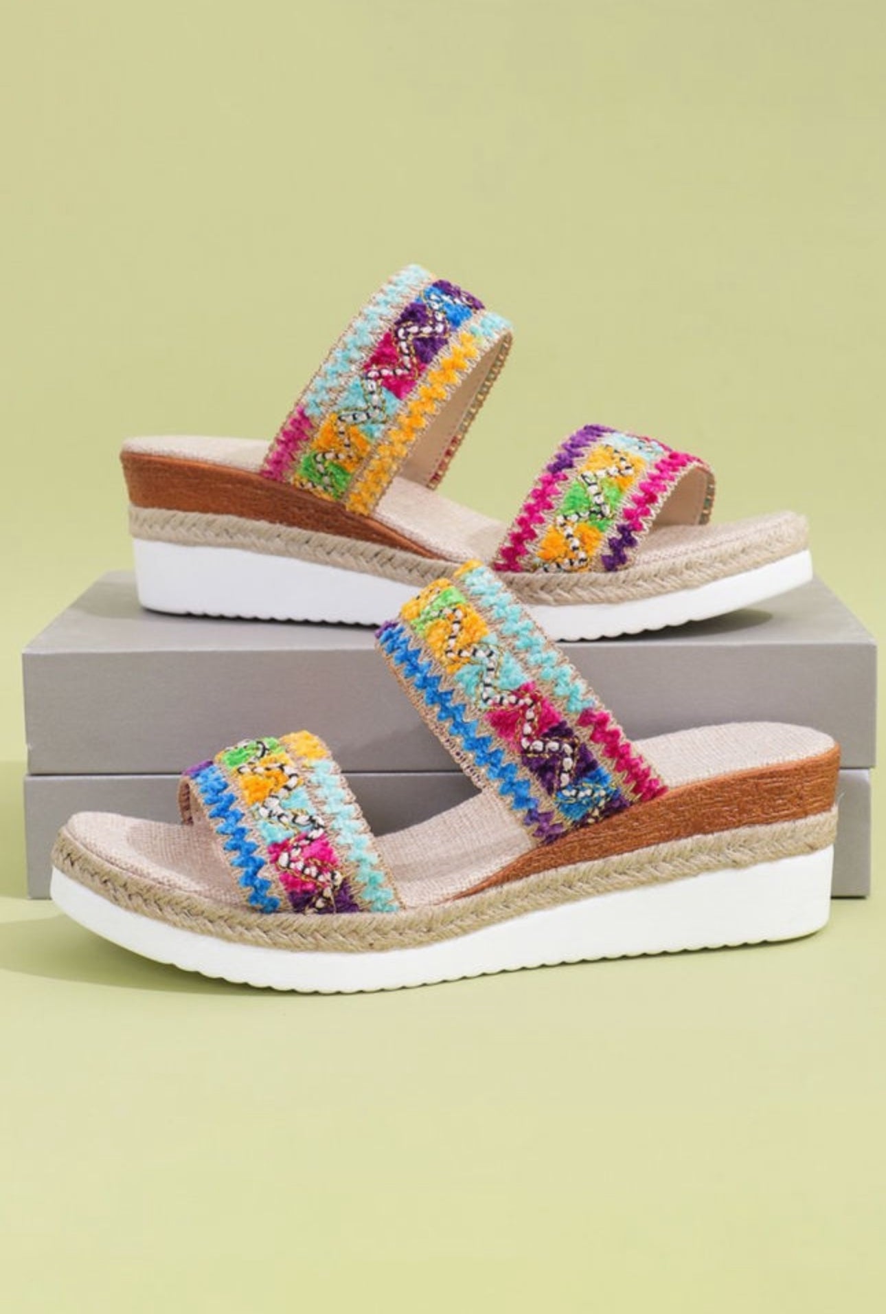 PREORDER: The Lucy Multicolor Beaded Wide Strap Wedge Sandal