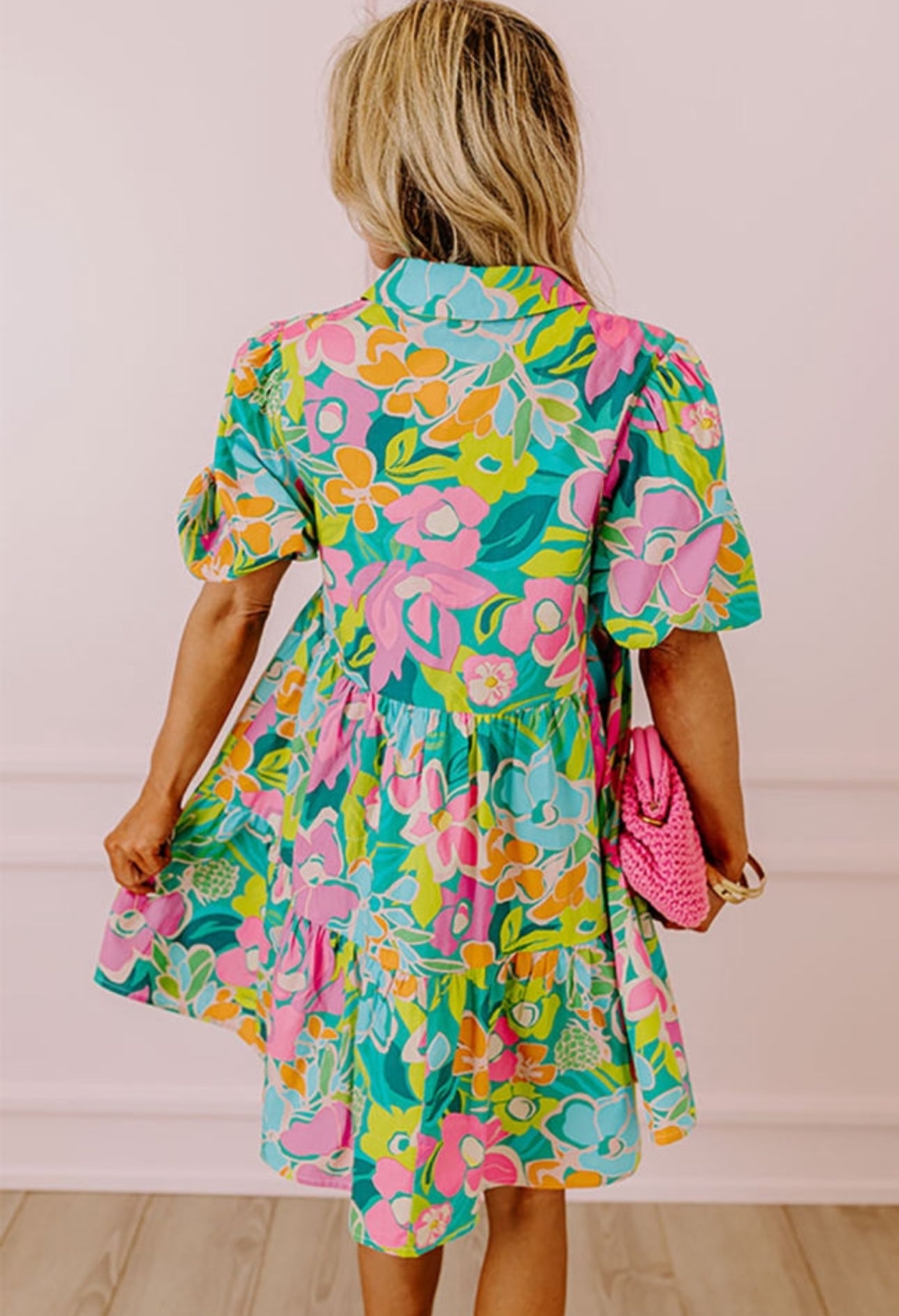 Preorder: The Rilee Green Floral Puff Sleeve Buttoned Babydoll Dress