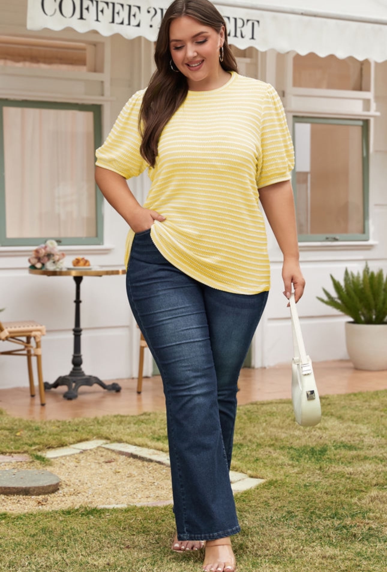 PREORDER: The Lemon Striped Short Puff Sleeve Plus Size Top