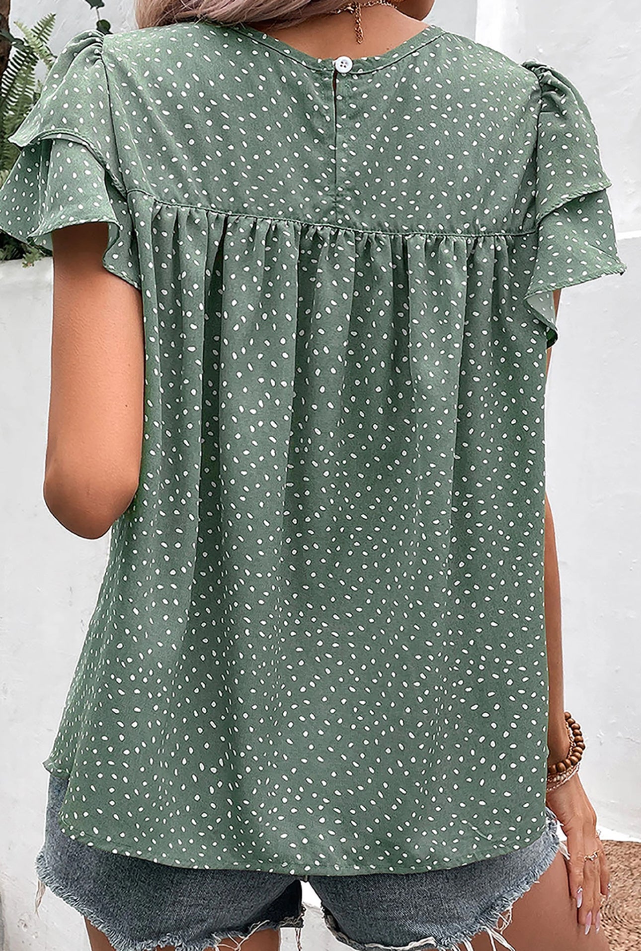 PREORDER: The Luna Green Spotted Print Pleated Ruffle Sleeve Blouse