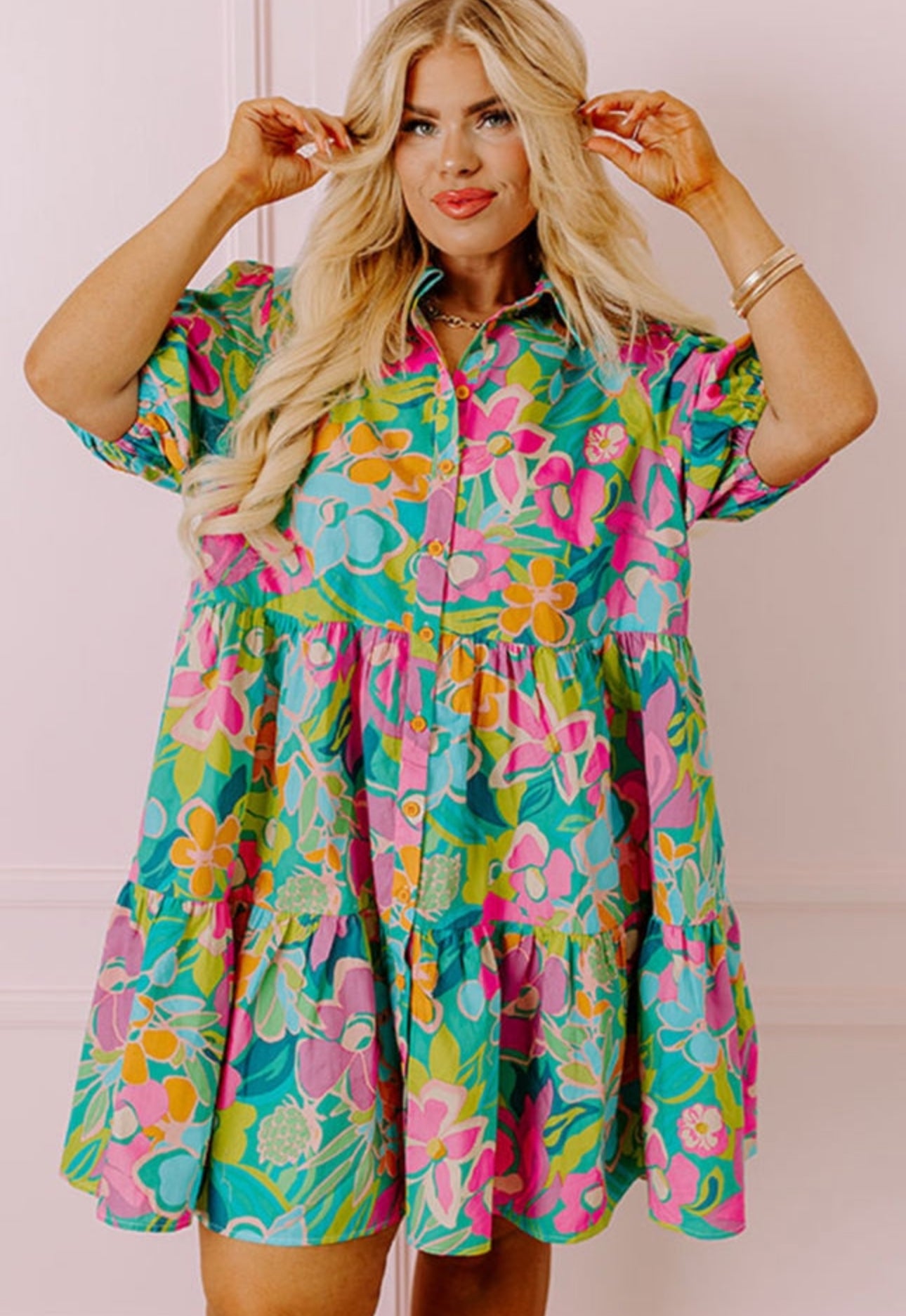 Preorder: The Rilee Green Floral Puff Sleeve Buttoned Babydoll Dress