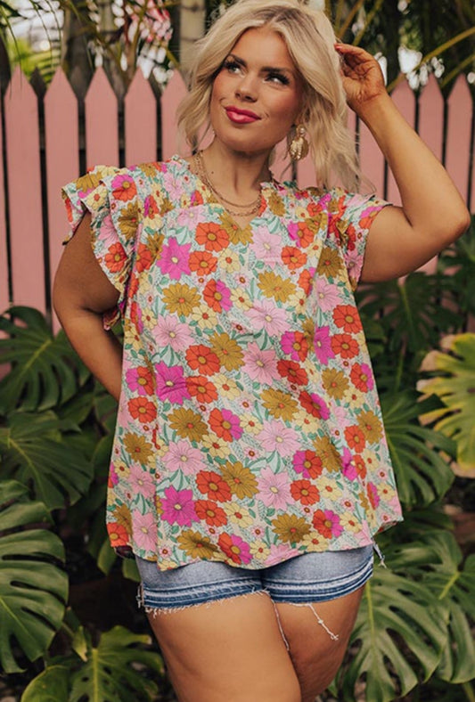 PREORDER: The Marcee Multicolor Plus Size Floral Notched Neck Ruffle Sleeve Blouse