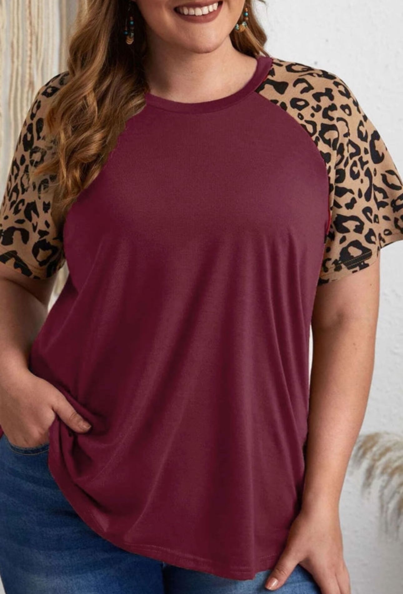 Marcia Curvy Burgundy & Leopard Sleeve Top