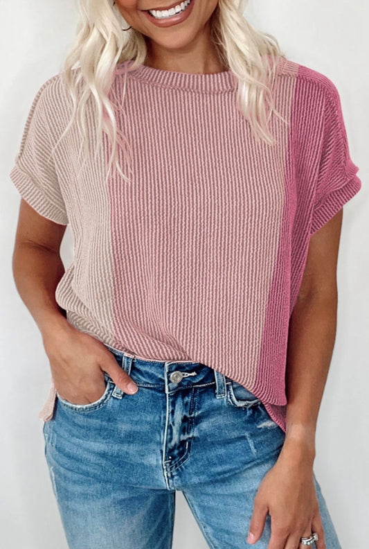 PREORDER: The Maralee Pink Textured Colorblock Round Neck Top