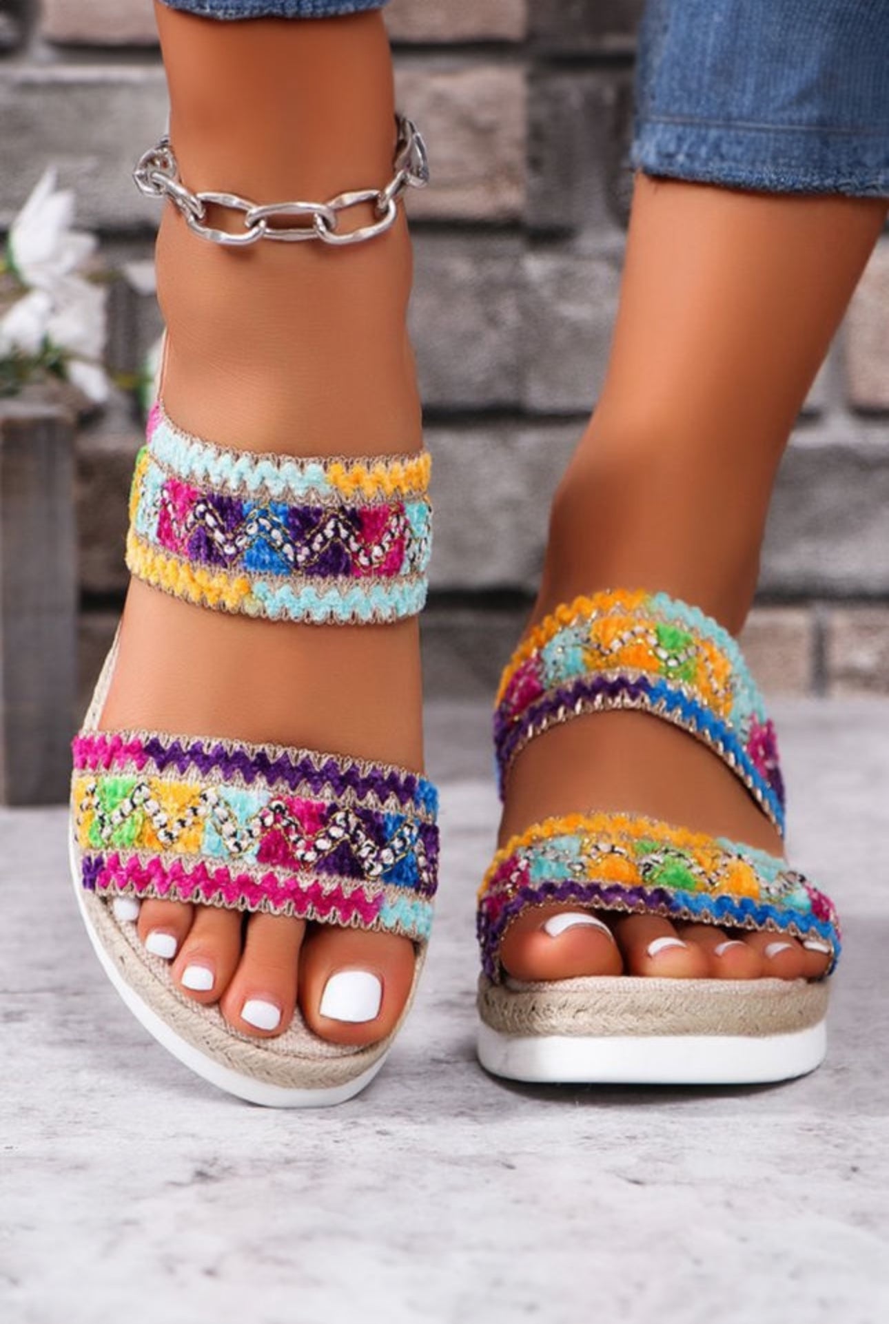 PREORDER: The Lucy Multicolor Beaded Wide Strap Wedge Sandal