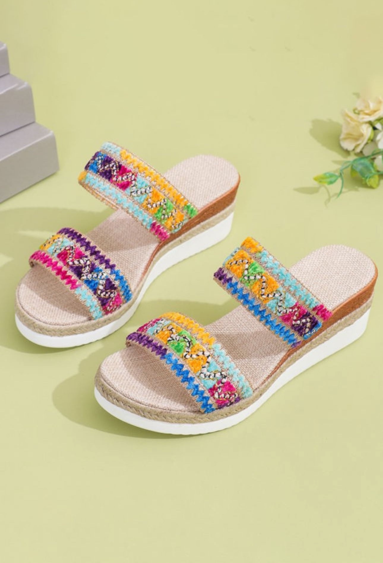 PREORDER: The Lucy Multicolor Beaded Wide Strap Wedge Sandal