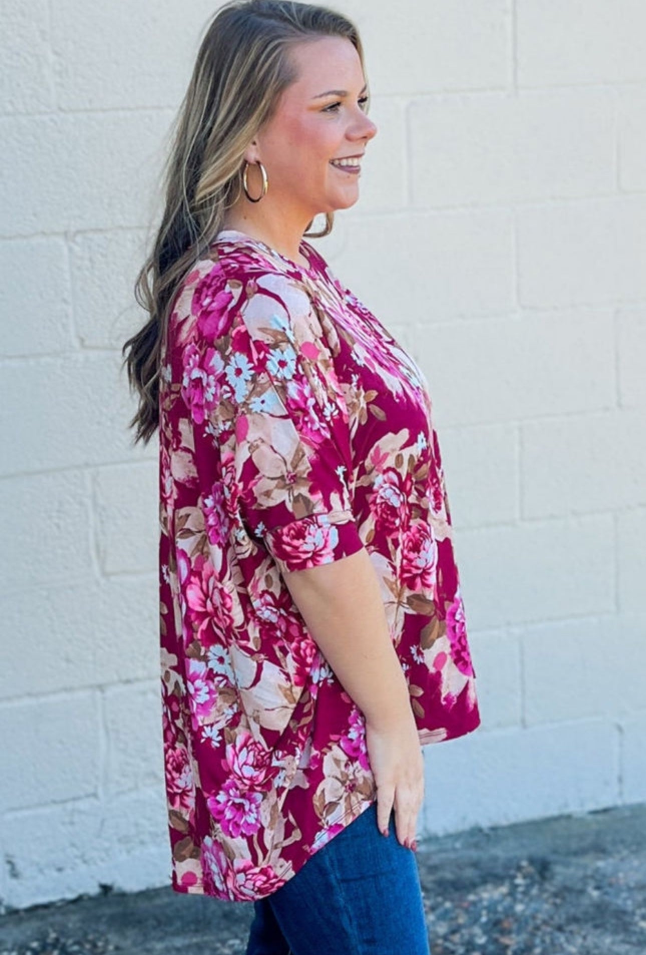 PREORDER: The Grace Red Rose Plus Size Floral Print Half Sleeve Top