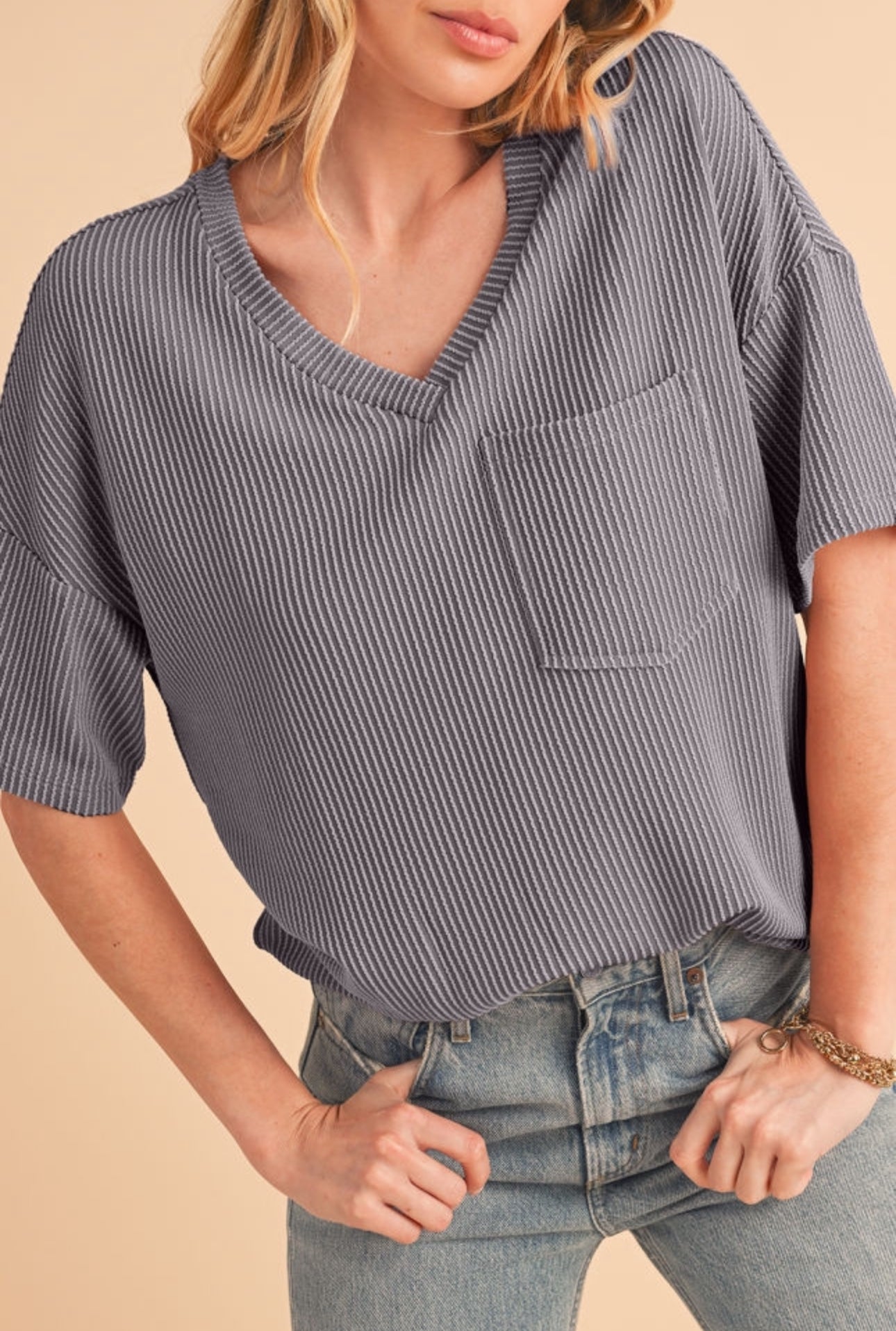 PREORDER: The Valerie Ribbed V-Neck Pocket Drop Sleeve T-Shirt