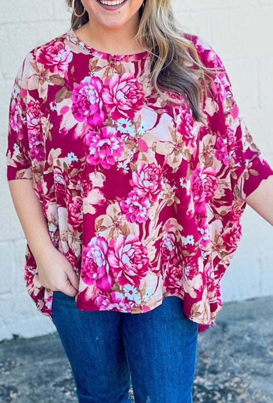 PREORDER: The Grace Red Rose Plus Size Floral Print Half Sleeve Top