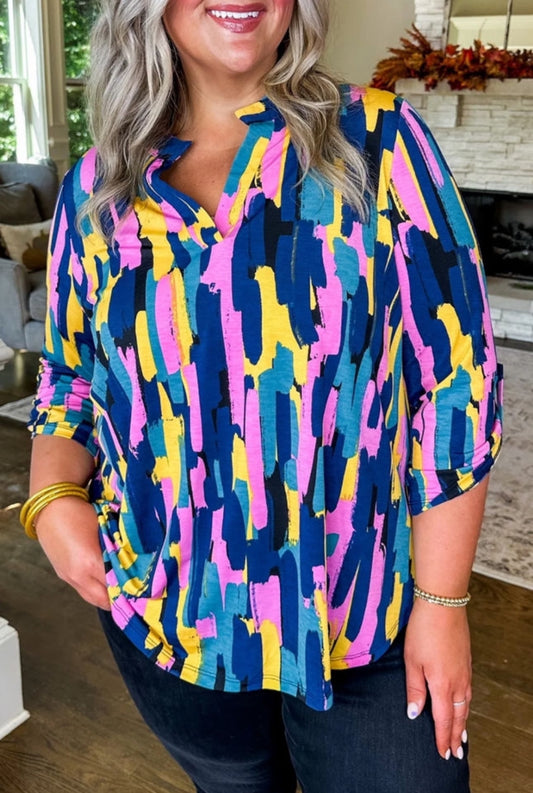 Mandy Blue Plus Size Abstract 3/4 Length Sleeve Shirt