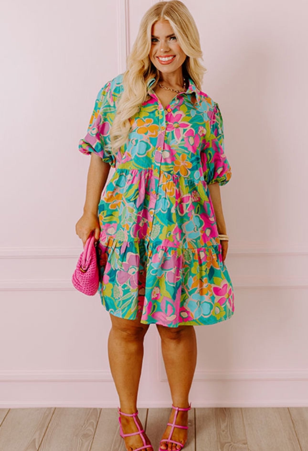 Preorder: The Rilee Green Floral Puff Sleeve Buttoned Babydoll Dress