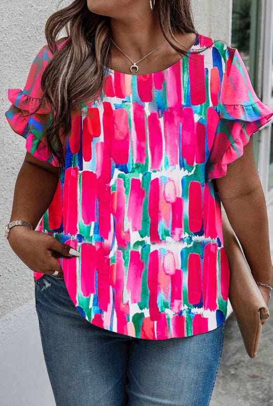 Preorder: The Melody Rose Plus Size Abstract Ruffle Sleeve Blouse