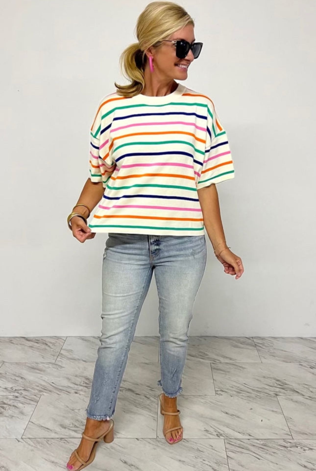 Preorder: The Dolly Beige Stripe Dropped Short Sleeve Loose Fit Knitted Top