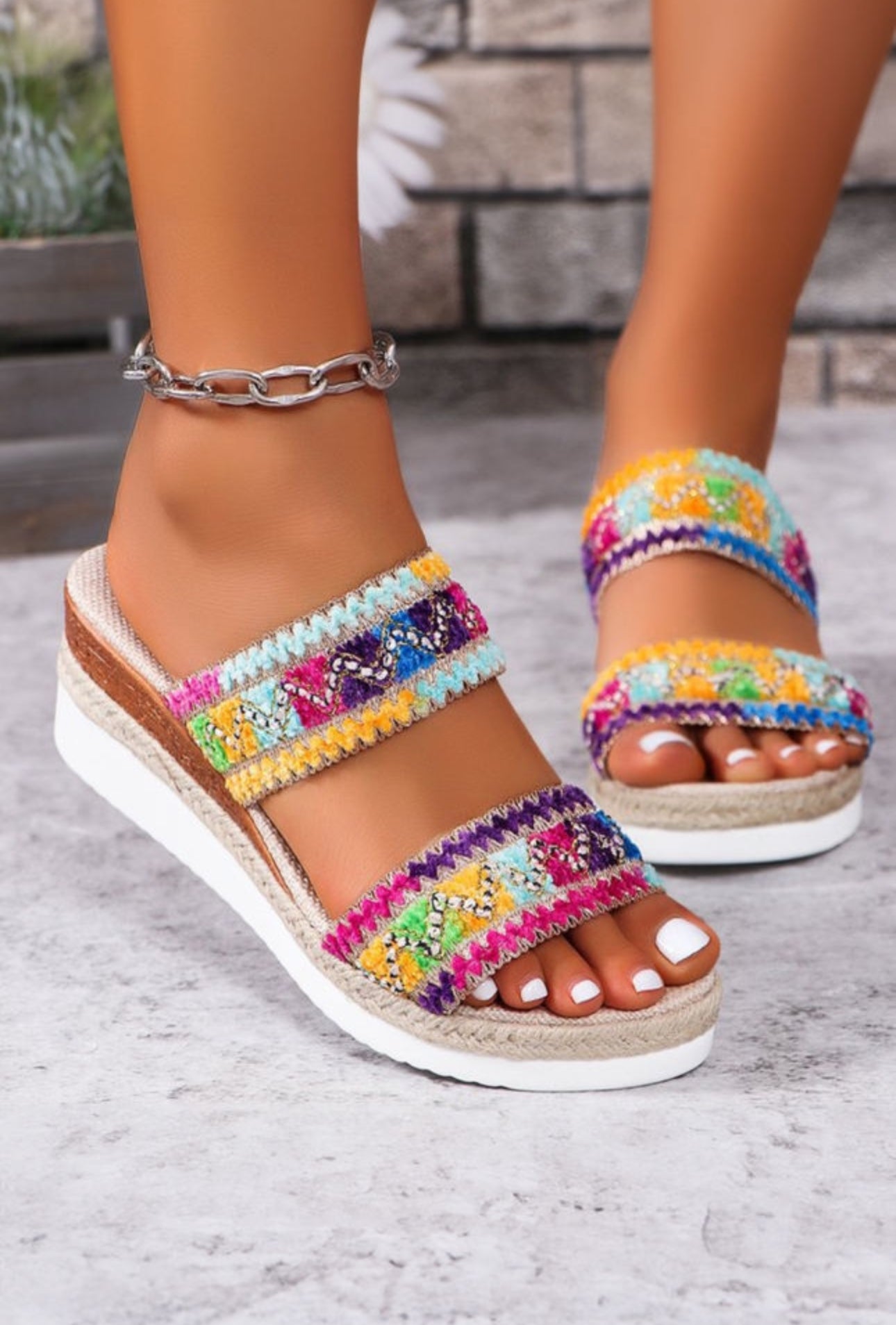 PREORDER: The Lucy Multicolor Beaded Wide Strap Wedge Sandal