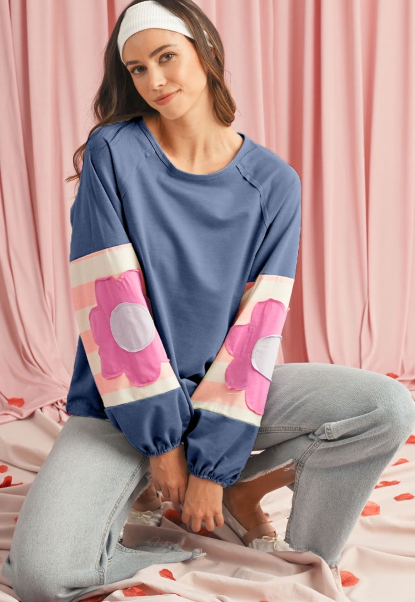 Sail Blue Flower Patchwork Exposed Seam Raglan Sleeve Top