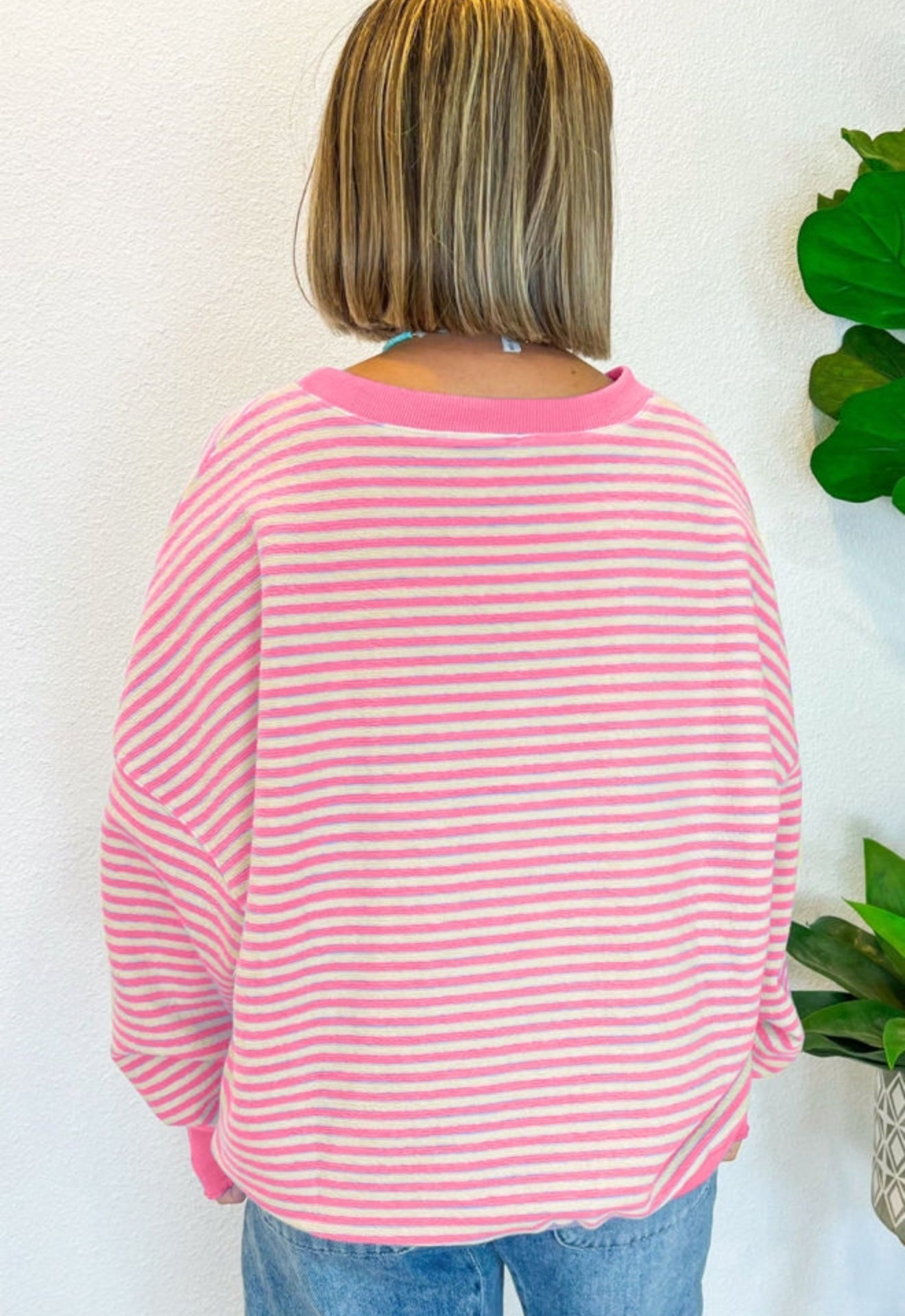 Pink Stripe Drop Shoulder Long Sleeve Top