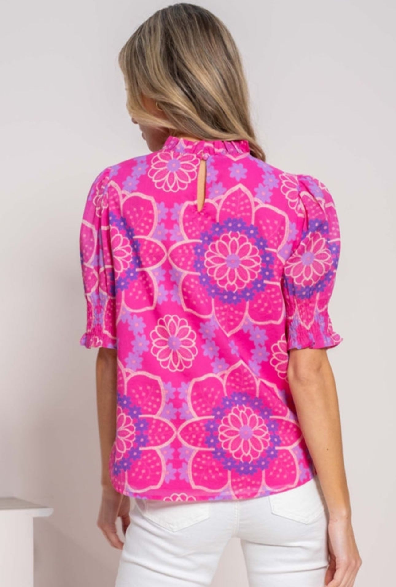 Preorder: The Felicity Rose Floral Print Frill Neck Smocked Cuff Blouse