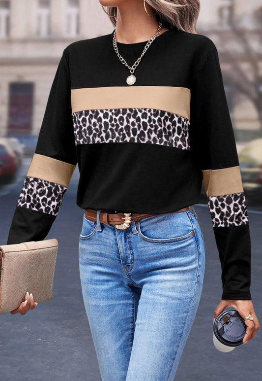 Black & Khaki Leopard Colorblock Crew Neck Top