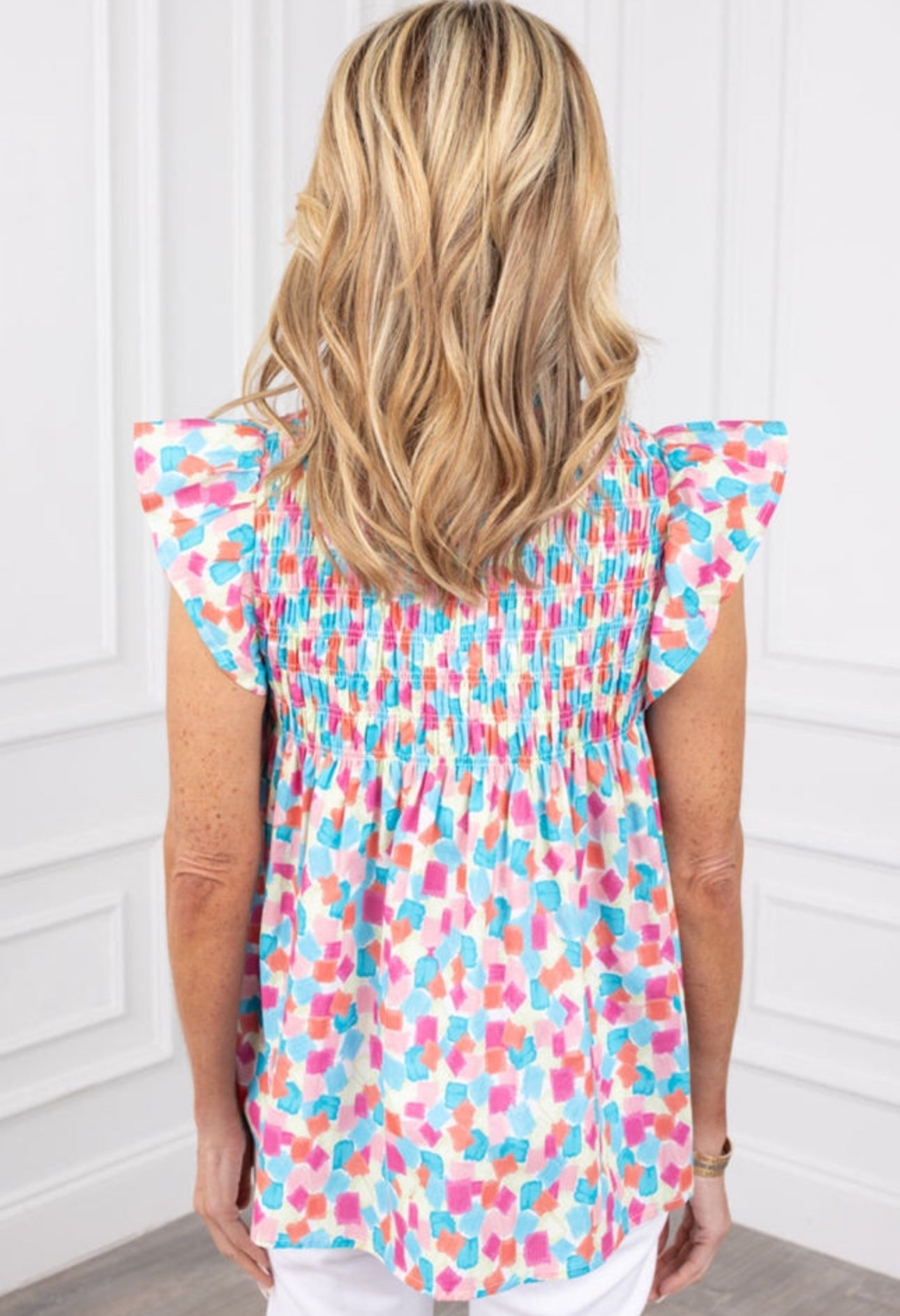 Preorder: The Colleen Sky Blue Smocked Frill Neck Abstract Blouse