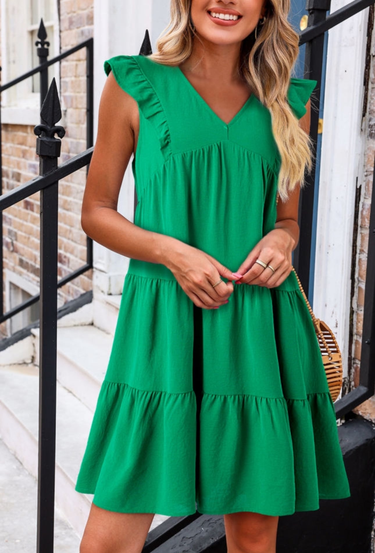 PREORDER: The Gretchen Bright Green V-Neck Ruffle Tiered Mini Dress