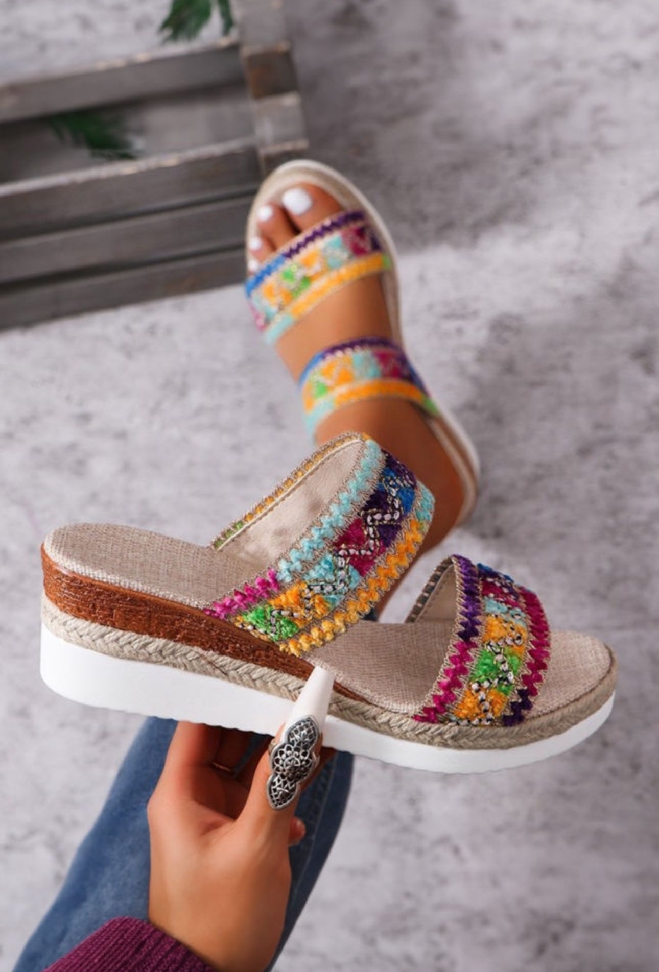 PREORDER: The Lucy Multicolor Beaded Wide Strap Wedge Sandal