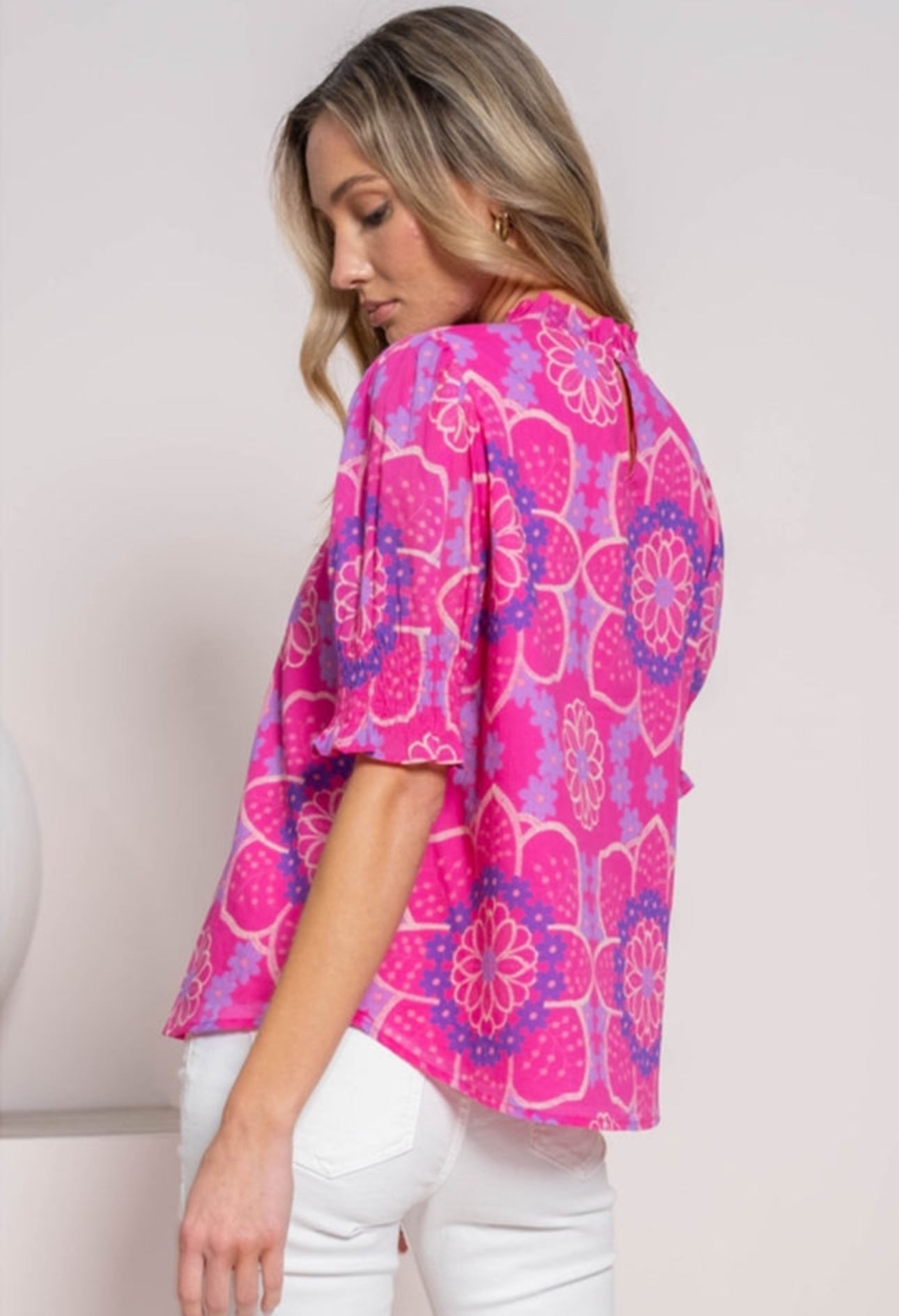 Preorder: The Felicity Rose Floral Print Frill Neck Smocked Cuff Blouse