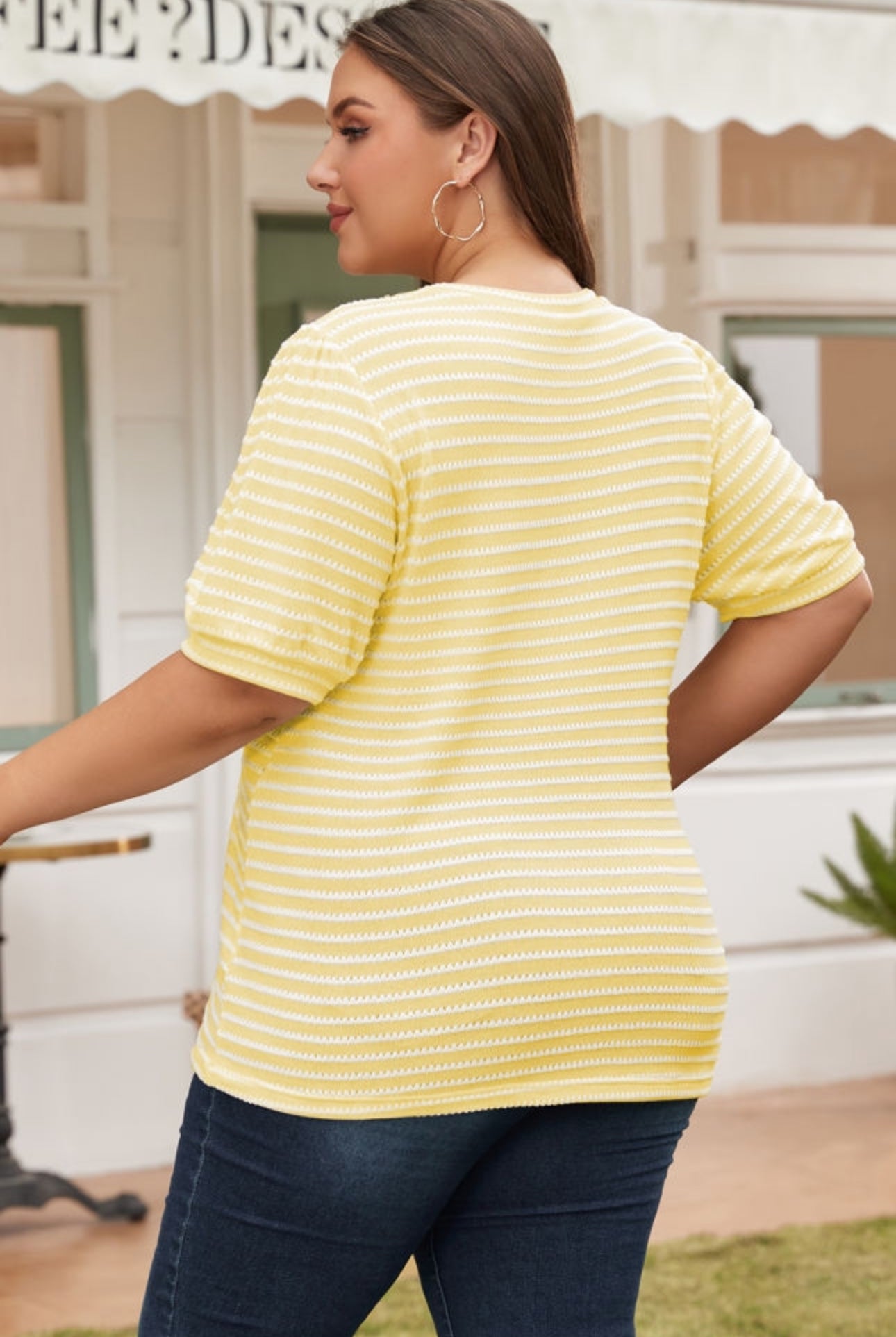 PREORDER: The Lemon Striped Short Puff Sleeve Plus Size Top