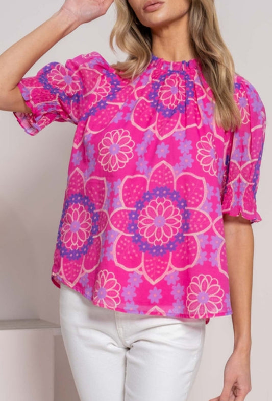 Preorder: The Felicity Rose Floral Print Frill Neck Smocked Cuff Blouse