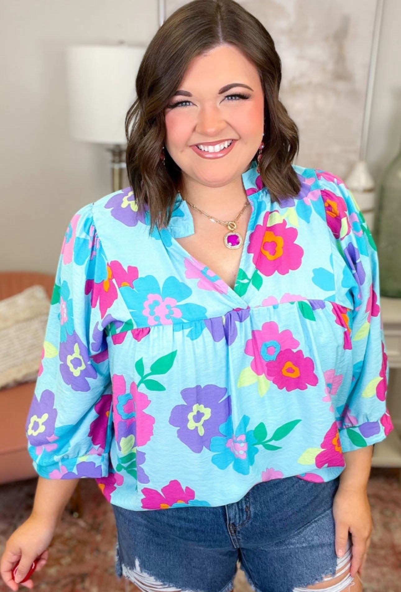 Preorder: The Constance Light Blue Plus Size Floral Print V-Neck Babydoll Blouse