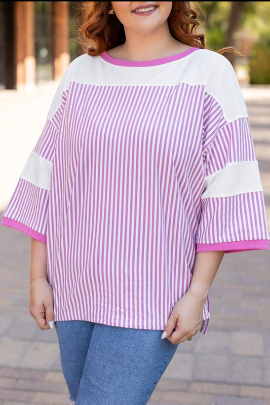 Pink Striped Bracelet Sleeve Plus Size Blouse