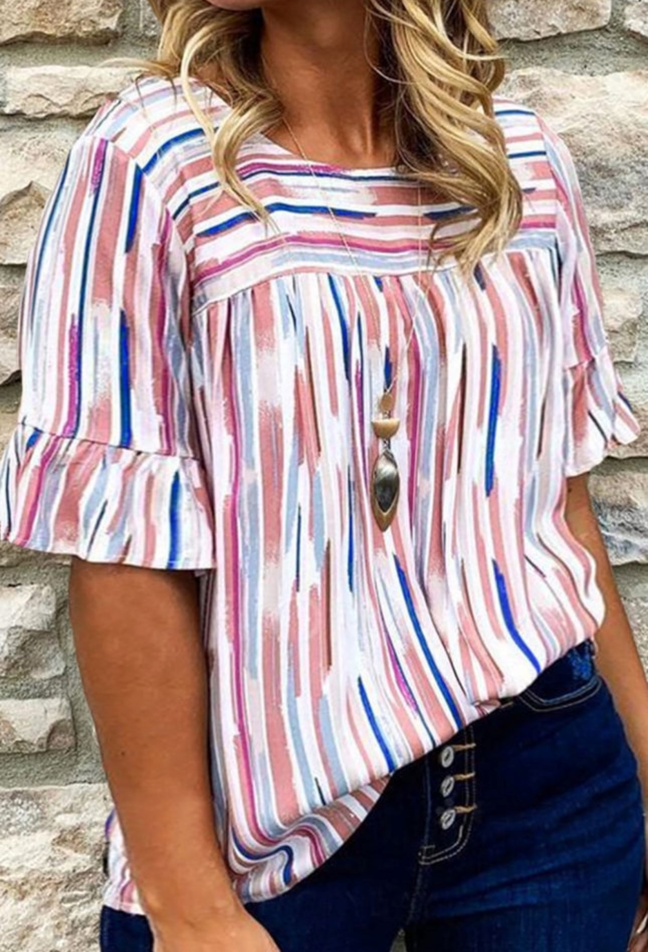 PREORDER: The Melanie White Striped Ruffle Short Sleeve Plus Size Top