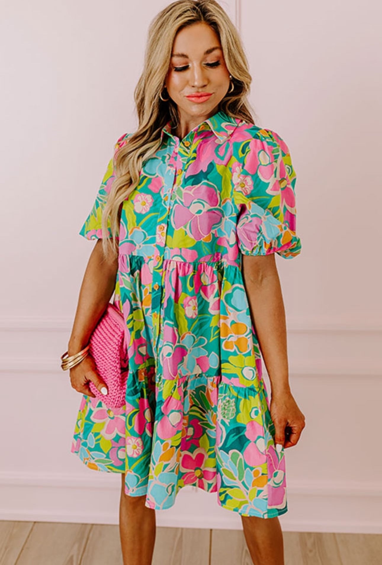 Preorder: The Rilee Green Floral Puff Sleeve Buttoned Babydoll Dress