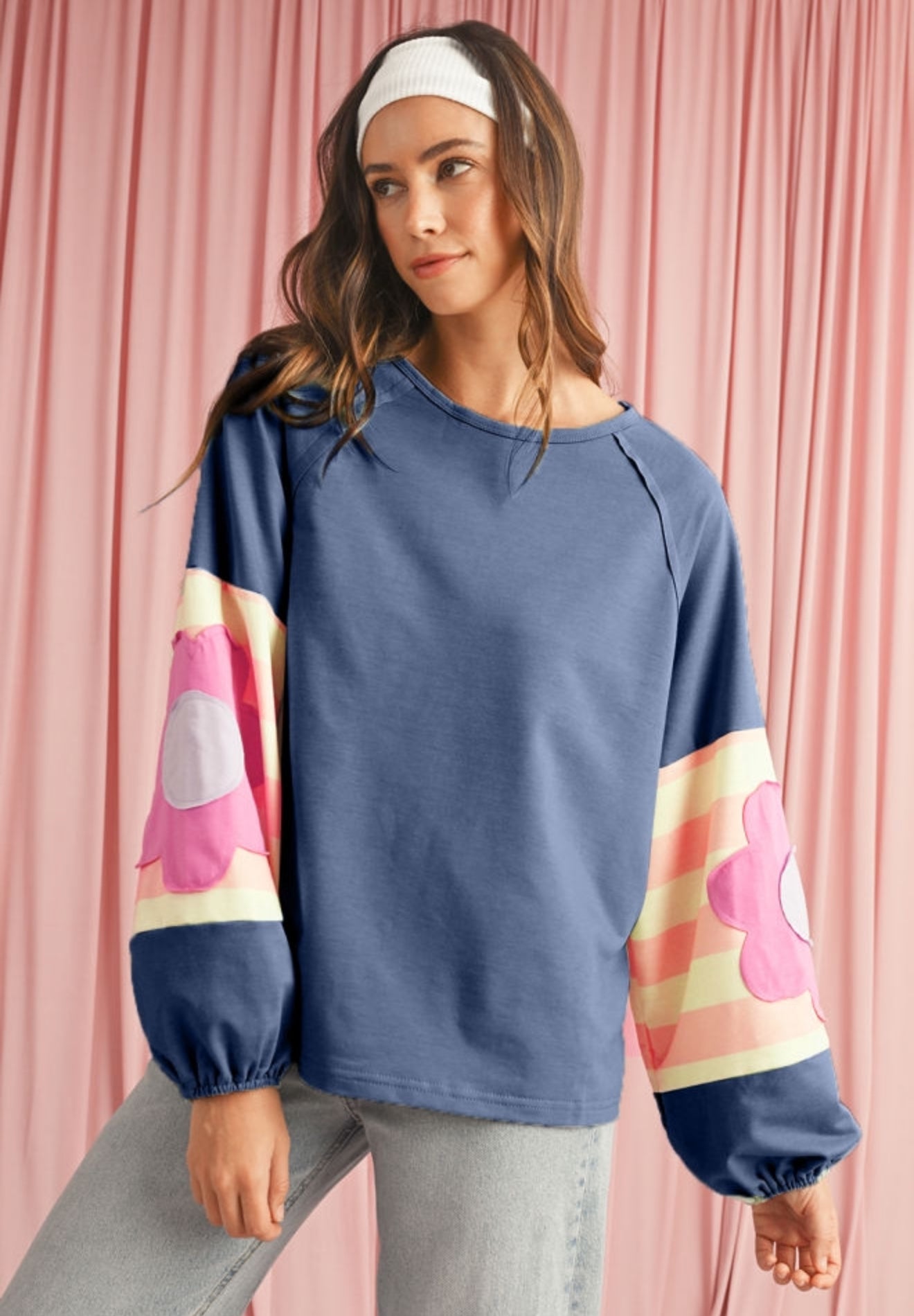 Sail Blue Flower Patchwork Exposed Seam Raglan Sleeve Top