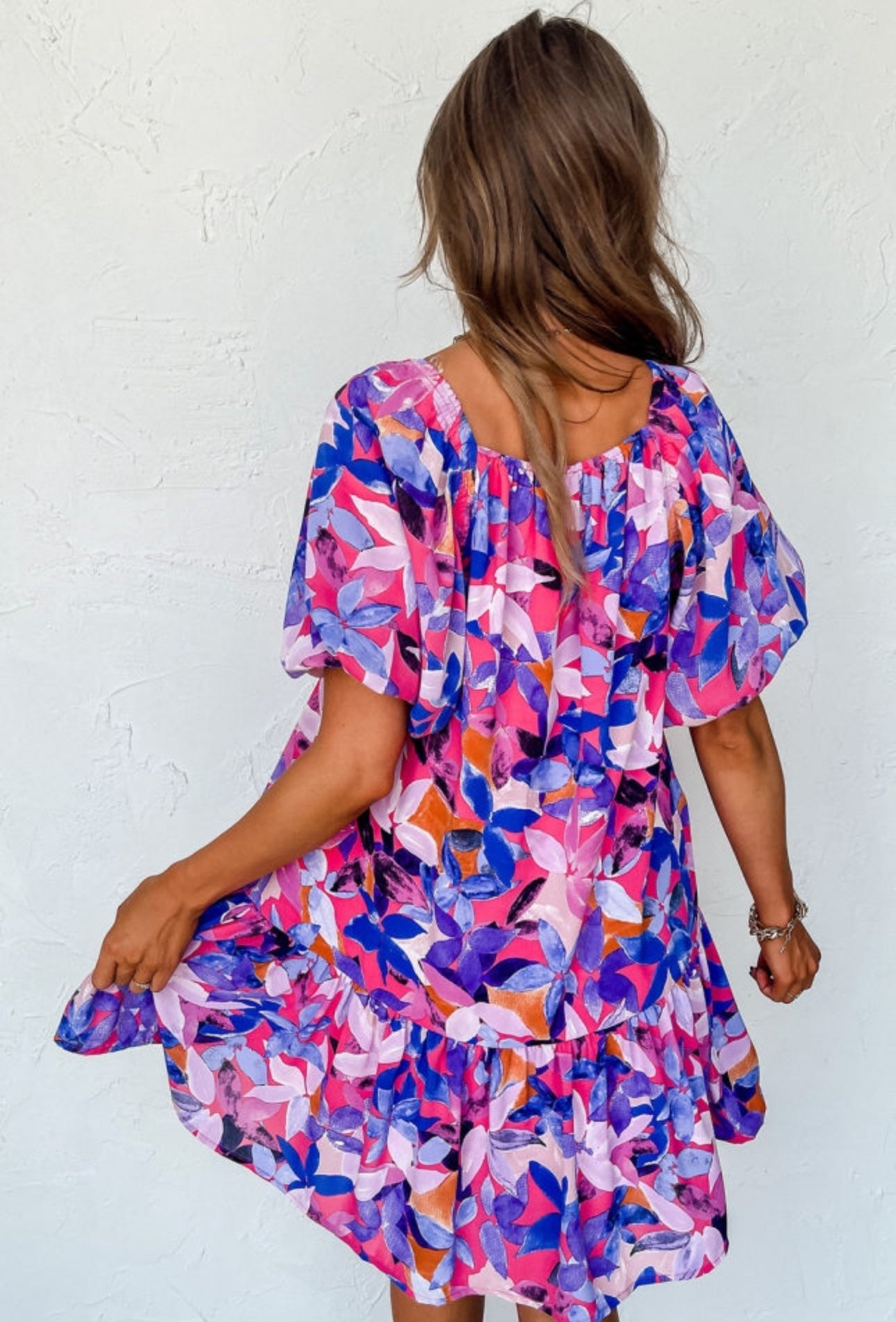 PREORDER: The Avery Purple Flower Print Puff Sleeve Ruffle Dress