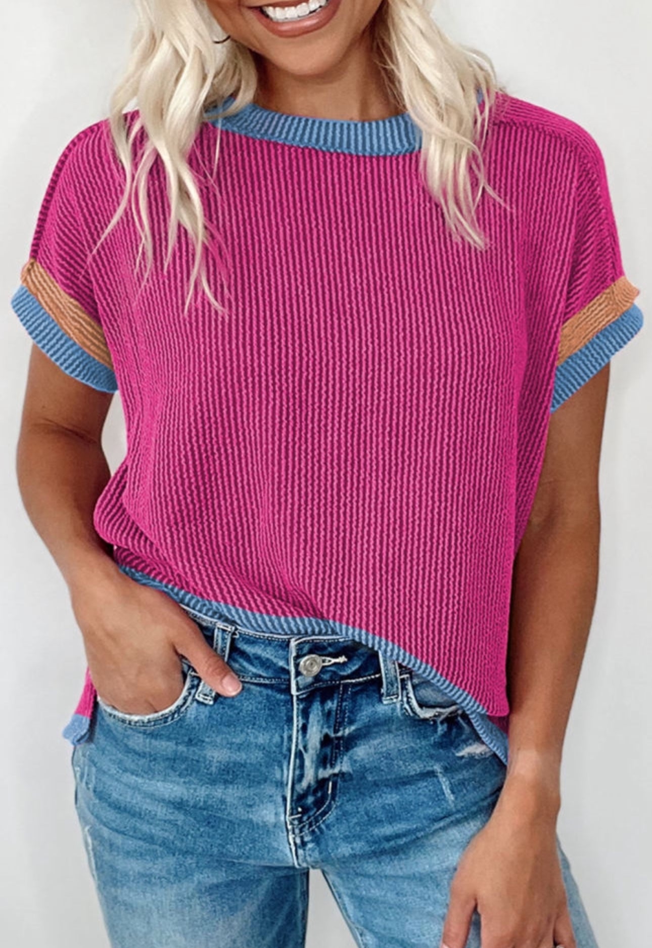 Carly Bright Pink Textured Contrast Color Round Neck Top