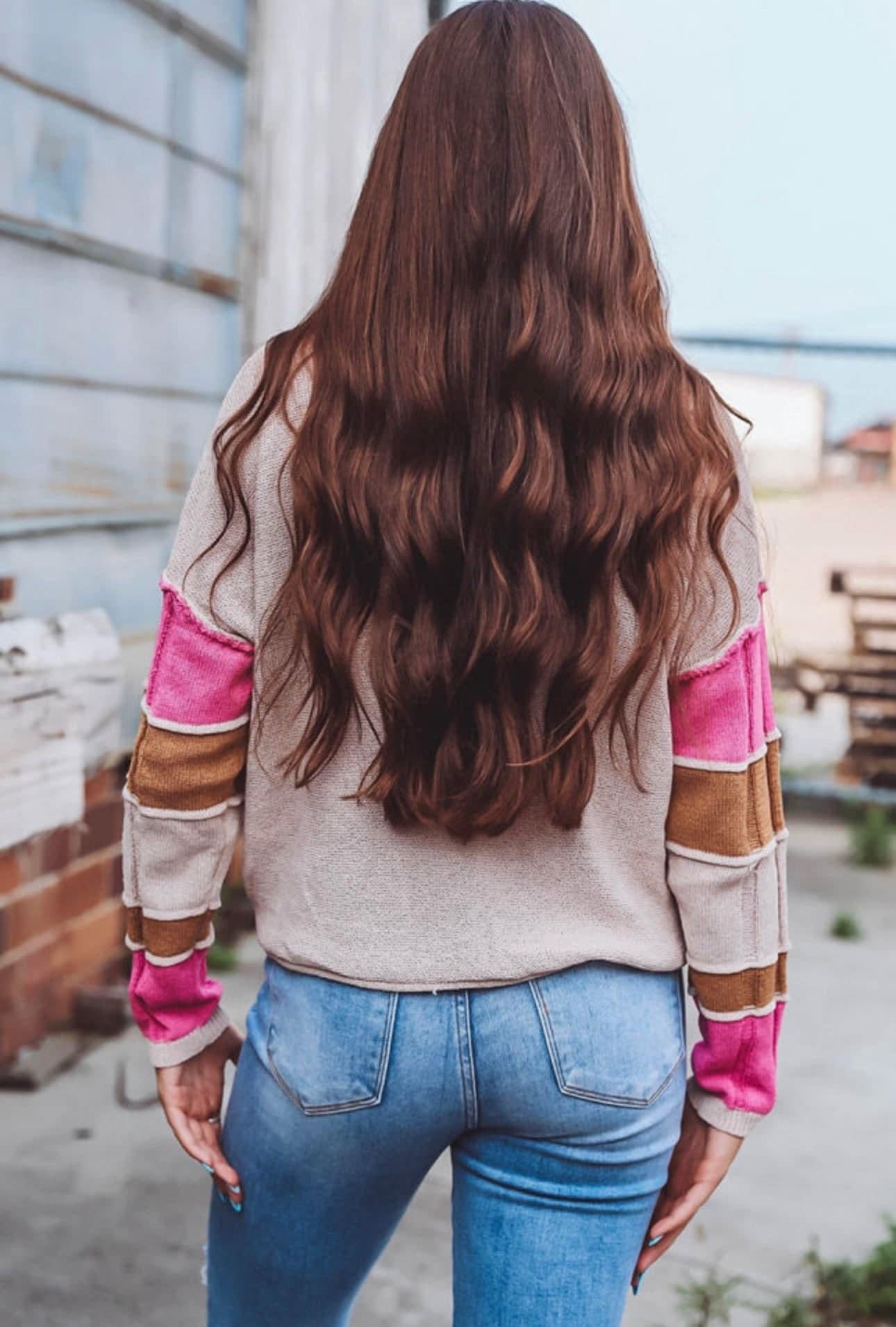 Khaki Sweater w/Pink & Brown Color Blocking