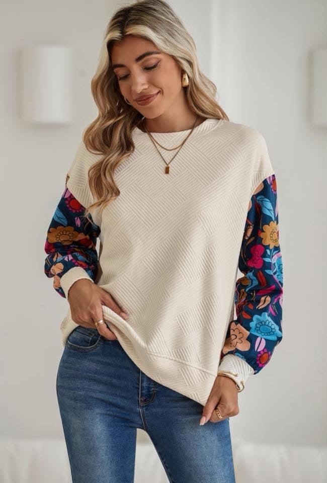 Cream Textured Top w/Floral Sleeves